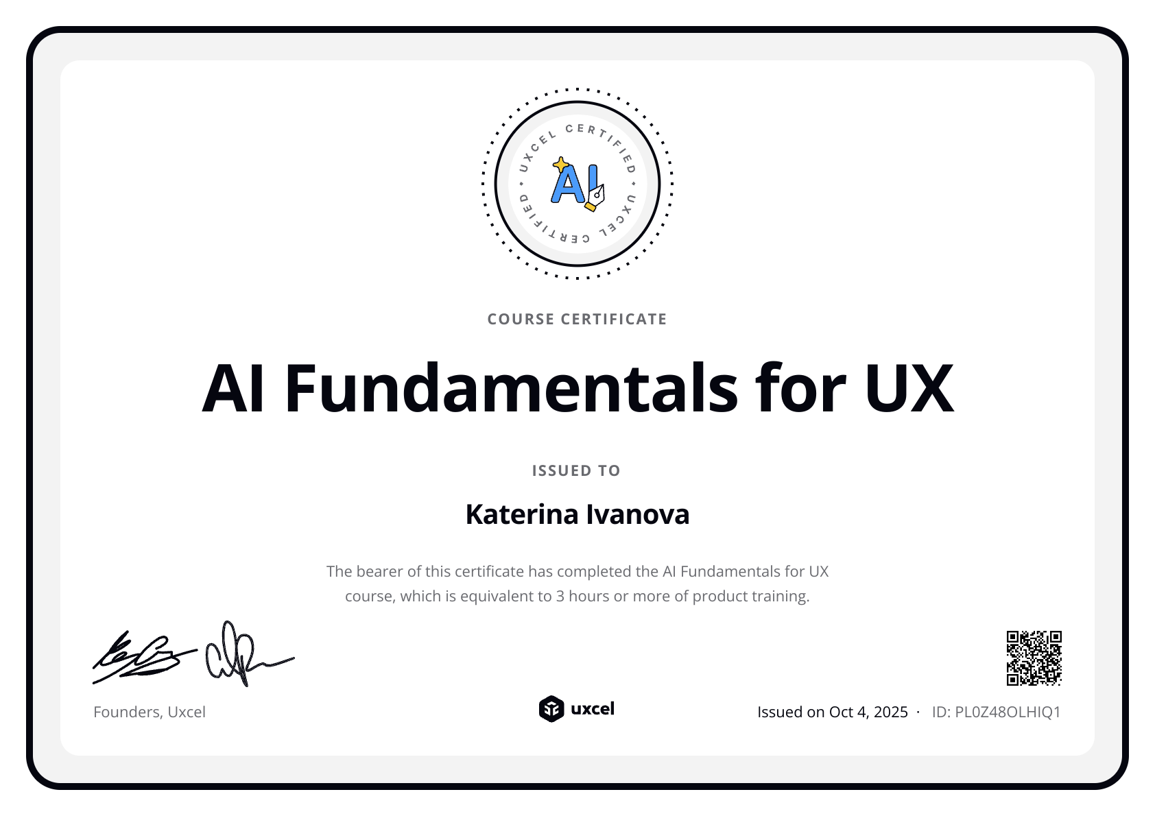 Katsiaryna Ivanova's certificate